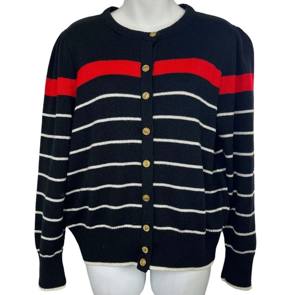 VIVANTI Vintage Made in USA Cardigan Striped Black White Red Knit Sweater sz 14